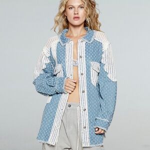 POL Clothing Roomy Fit Textured Denim Button Front Shirt